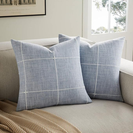 2 Packs Grid Embroidery Throw Pillow Covers, 22x22 Inch Blue, Farmhouse Linen Decorative Dusty Blue Cushion Covers for Sofa Bed Living Room Home Decor