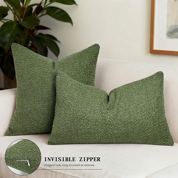Textured Boucle Pillow Covers 12x20 Inch Set of 2, Striped Solid Pillowcases Cozy Soft Modern Accent Boho Lumbar Decorative Throw Pillows for Couch Sofa Bed Living Room Home Decor, Green