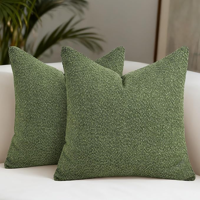 Textured Boucle Pillow Covers 18x18 Inch Set of 2, Striped Solid Pillowcases Cozy Soft Modern Accent Boho Square Decorative Throw Pillows for Couch Sofa Bed Living Room Home Decor, Green