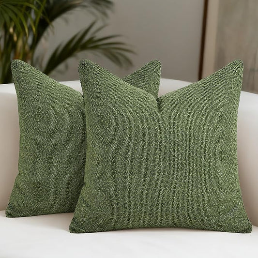 Textured Boucle Pillow Covers 18x18 Inch Set of 2, Striped Solid Pillowcases Cozy Soft Modern Accent Boho Square Decorative Throw Pillows for Couch Sofa Bed Living Room Home Decor, Green