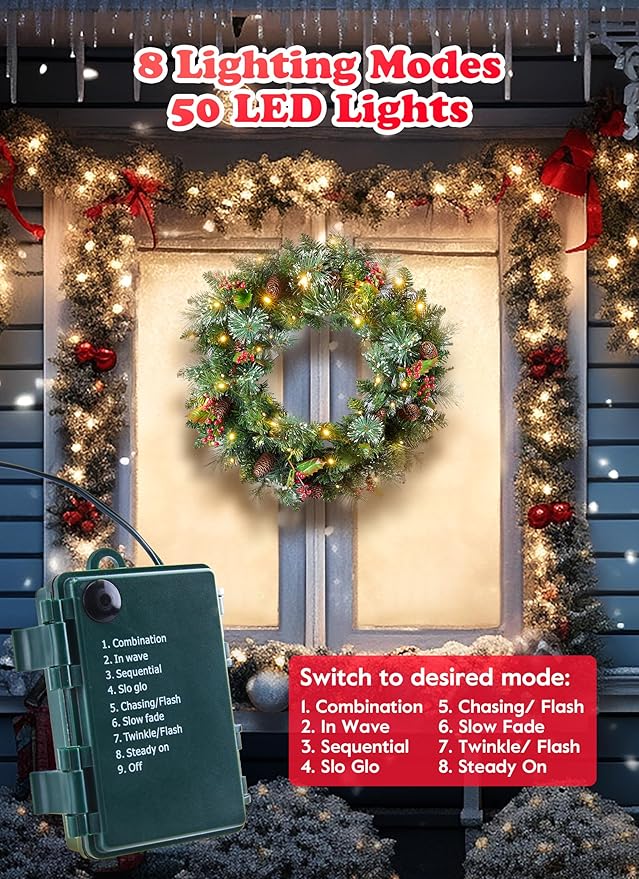 24 Inch Prelit Christmas Wreath for Front Door, Battery Operated LED Light Christmas Wreath with Pine Cones, Red Berry Clusters, Branches and Leaves, Lighted Wreath Wall Windows Decoration
