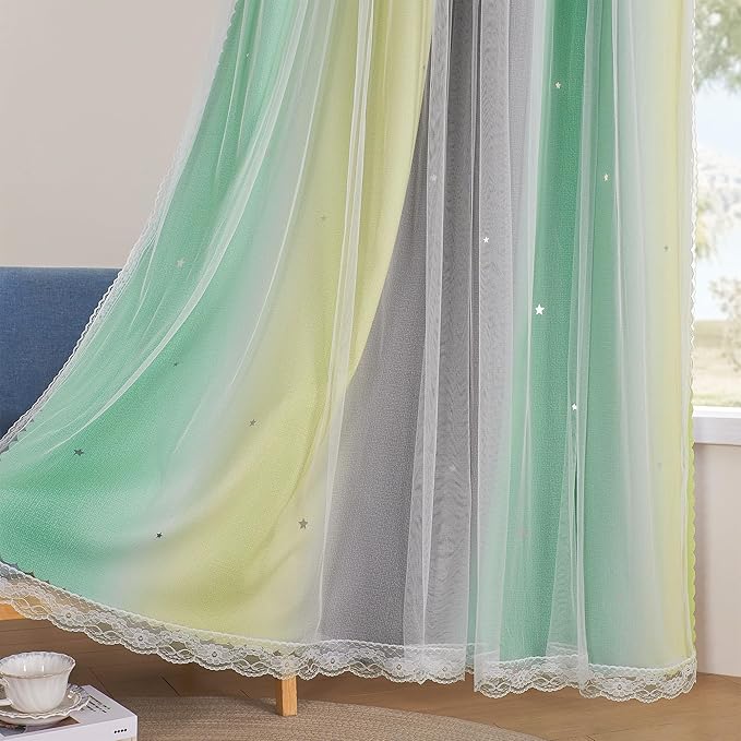 XiDi Yellow & Rainbow Curtains for Kids & Girls Room - Blackout, Grey & Green 34x84 Inch Long