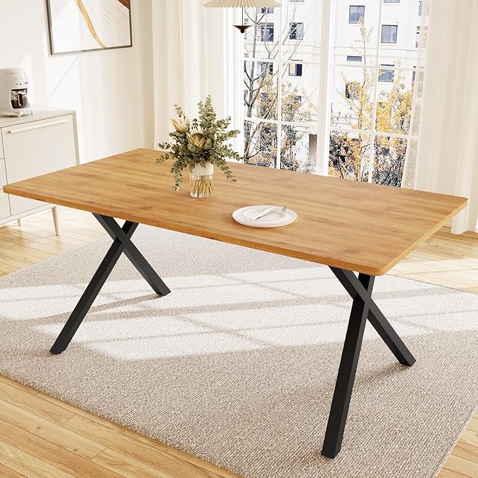 63" Modern Dining Table for 6 People, Large Rectangle Kitchen Table with X-Shaped Legs, Industrial Dining Room Furniture for Dinner, Apartment, Oak