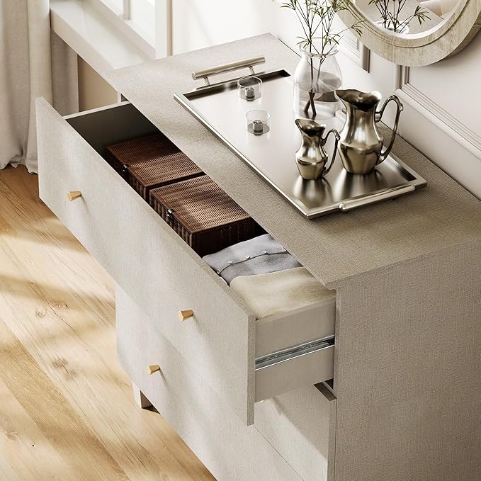 WAMPAT Bedroom Dresser with 3 Drawers, 35.4" Wide Wood Kids Dressers, Chest of Drawers, Modern Closet Organizer Bachelors Chest w/Solid Wood Legs for Living Room, Baby Room, Nursery, Beige