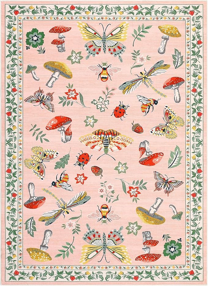 Mushroom Insect Washable Rug 5x7 Area Rugs for Bedroom Non Slip with Rubber Back Low Pile Stain Resistant Modern Butterfly Carpet for Living Room Nursery Kitchen Dining Room Light Pink