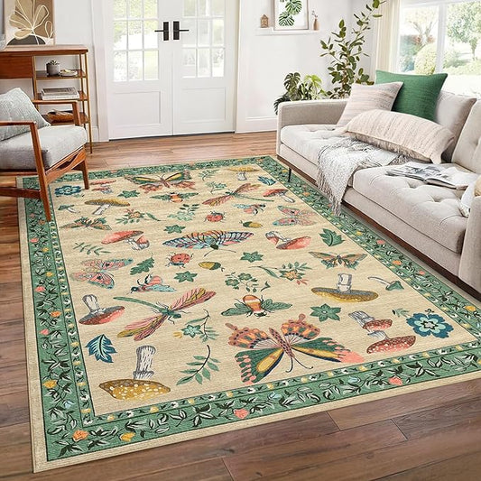 Mushroom Insect Washable Rug 5x7 Area Rugs for Bedroom Non Slip with Rubber Back Low Pile Stain Resistant Butterfly Carpet for Living Room Nursery Kitchen Dining Room Khaki Green