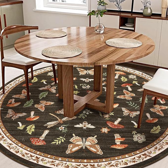 Mushroom Insect 6ft Round Rug Washable Non-Slip Soft Ultra-Thin Boho Circle Carpet for Living Room Bedroom Kitchen Nursery Dining Room Brown