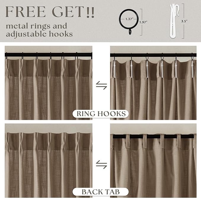 80 Inch Pinch Pleated Linen Curtains 2 Panels for Living Room Bedroom Boho Farmhouse Light Copper Brown Tan Latte Semi Sheer Back Tab Pinch Pleat with Hooks Rings Window Curtain 80 Inches Long