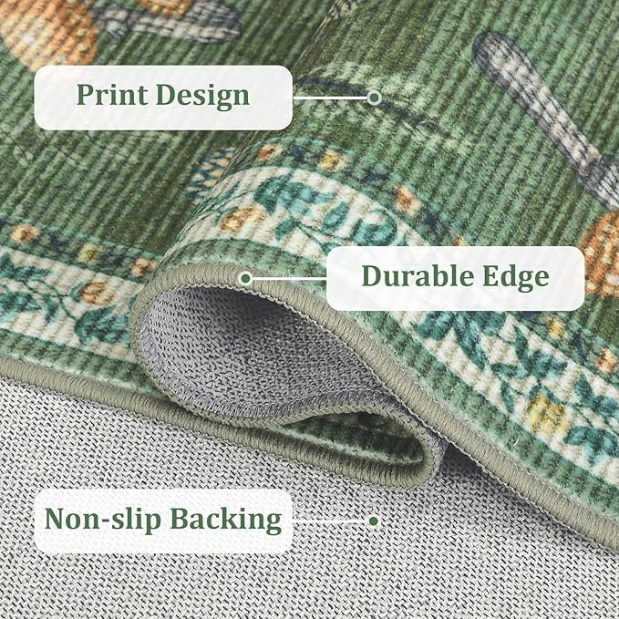 Mushroom 10x13 Area Rug for Living Room Washable Non Slip Forest Soft Low-Pile Stain Resistant Thin Large Throw Carpet for Bedroom Dining Room Office Green