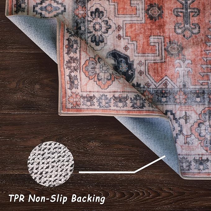 vivorug Runner Rug 2x10 Machine Washable Rug with Non-Slip Backing, Ideal for Kitchen Hallway Entryway Laundry Room - Vintage, Durable, Easy Clean, Low Pile Carpet Runner, Orange