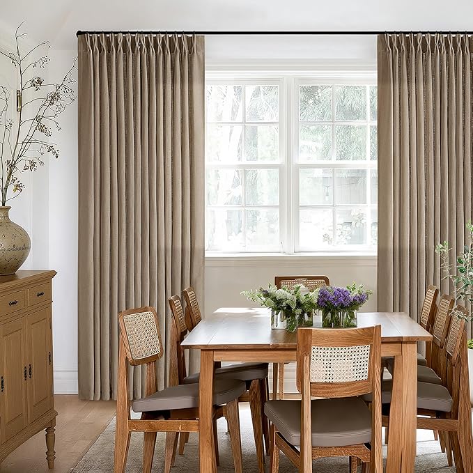 80 Inch Pinch Pleated Linen Curtains 2 Panels for Living Room Bedroom Boho Farmhouse Light Copper Brown Tan Latte Semi Sheer Back Tab Pinch Pleat with Hooks Rings Window Curtain 80 Inches Long