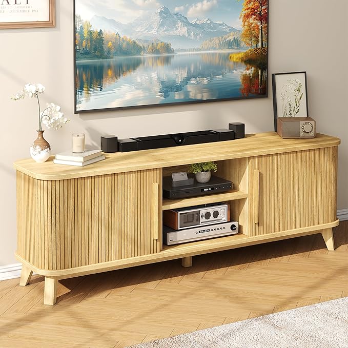 66" TV Stand for 80 Inch TV, Modern Entertainment Center with Storage Cabinet and Adjustable Shelves, Mid-Century Wood Curved TV Media Console with Sliding Doors for Living Room, Bedroom, Natural Oak