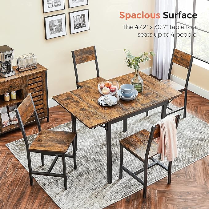 VASAGLE Folding Dining Table, Kitchen Table, Drop Leaf Extendable Table for Small Spaces, Seats 2-4 People, Industrial, Rustic Brown and Black UKDT077B01