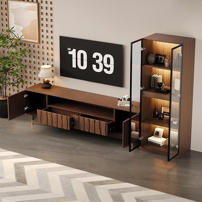 Mid-Century Modern TV Stand and Glass Display Cabinet Entertainment Center Set Media Console with Wine Cabinet Lighted Showcase Storage and Drawers for Living Room Office (102" W 2-Piece Set - AC)