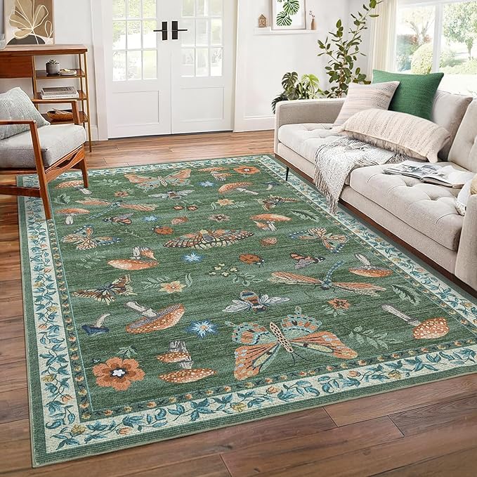 Washable Rug 9x12 Area Rugs for Living Room, Mushroom Insect for Bedroom, 9x12 Rug Non Slip Carpet with Rubber Back, Low Pile Stain Resistant Modern Carpet for Dining Room Dorm, Green