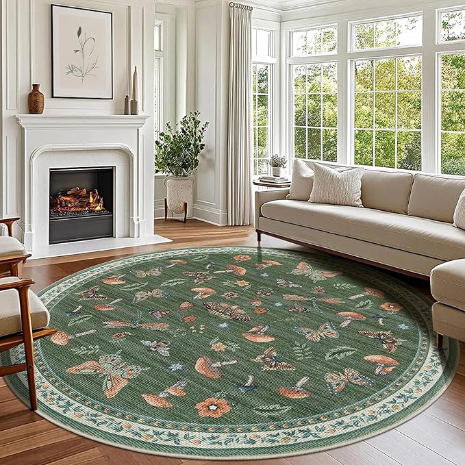 Mushroom Insect 8ft Round Rug Washable Non-Slip Soft Ultra-Thin Large Boho Circle Carpet for Entryway Kitchen Bedroom Nursery Dining Room Green