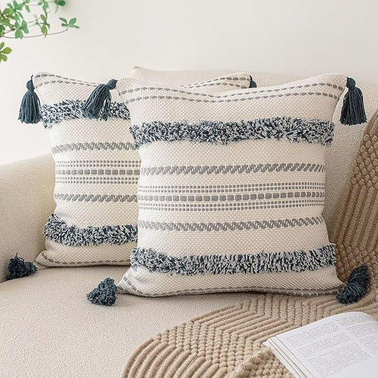 Boho Throw Pillow Covers 20x20 Set of 2 Woven Tufted Farmhouse Pillows Cover with Tassels Textured Striped Cushion Case Neutral Pillow Cases Decorative Pillowcase for Sofa, Couch, Bed, Dark Blue