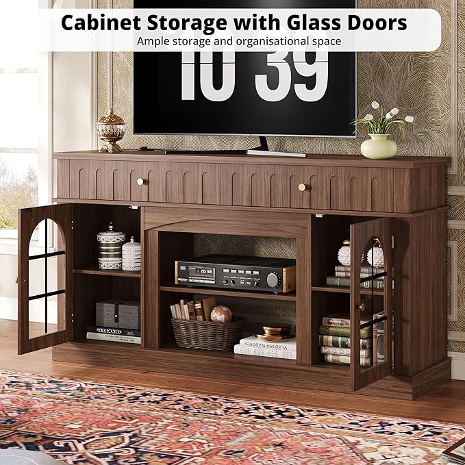 IRONCK TV Stand for 65 Inch TV, Entertainment Center with Charging Station and and Fireplace Mantel, Arched Design, Mid Century Modern TV Stands for Living Room and Bedroom, Walnut Brown