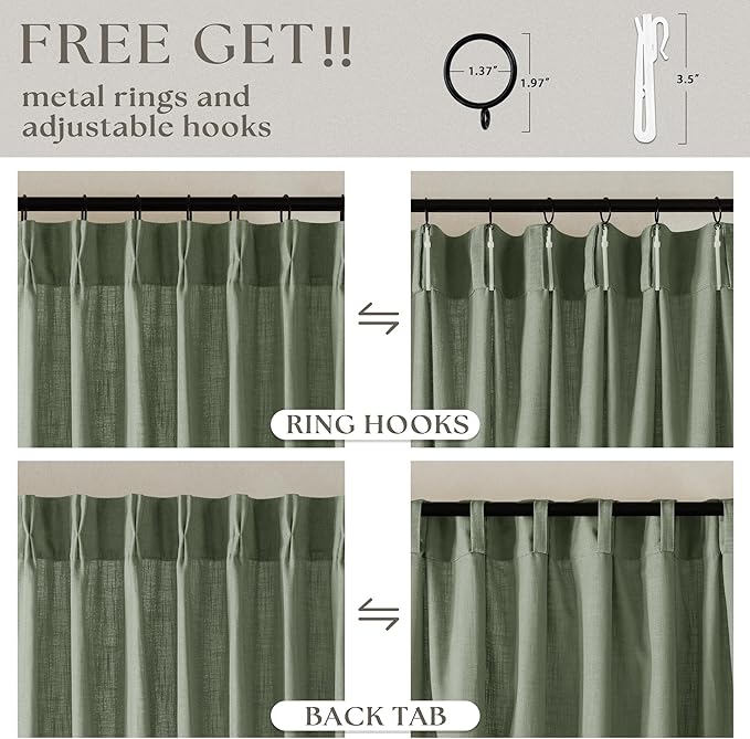 120 Inch Curtains High Ceiling Tall Curtains 2 Panels Set for Living Room Pinch Pleated with Hooks Rings Back Tab Bohemian Semi Sheer Drapes Cottage Long Large Window Drapes 120 Length Sage Green