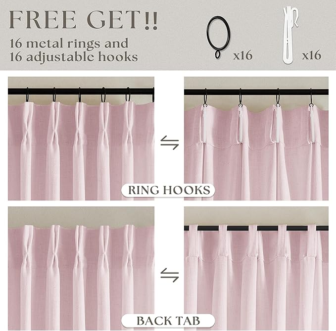 80 Inch Pink Pinch Pleated Semi Sheer Curtains for Girls Bedroom Living Room Pleat Memory Shape Trained Light Filtering Linen 80 Inch Curtains Drape Window Panels Baby Pink Blush Nursery