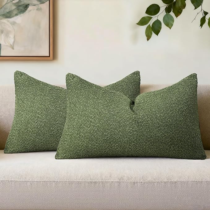Textured Boucle Pillow Covers 12x20 Inch Set of 2, Striped Solid Pillowcases Cozy Soft Modern Accent Boho Lumbar Decorative Throw Pillows for Couch Sofa Bed Living Room Home Decor, Green