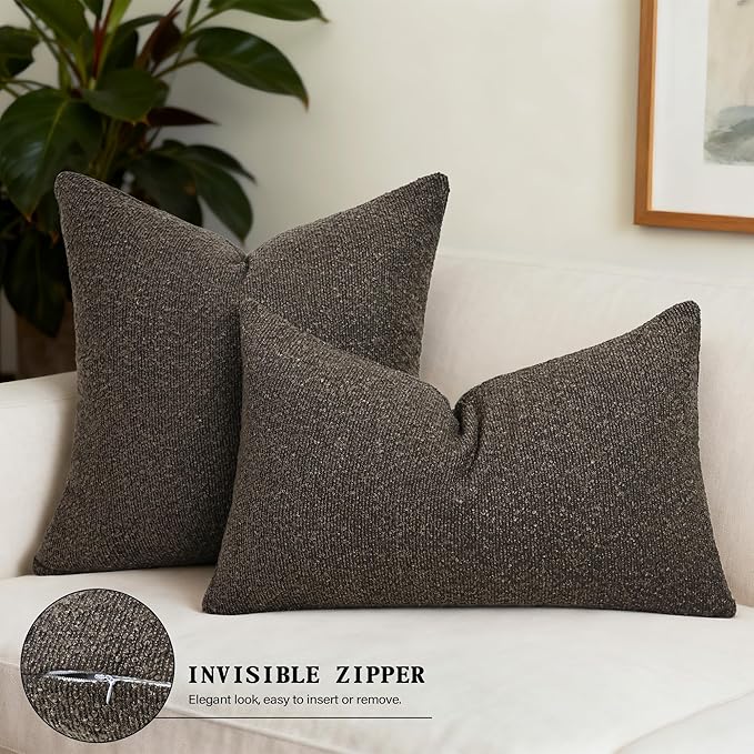 Textured Boucle Pillow Covers 18x18 Inch Set of 2, Striped Solid Pillowcases Cozy Soft Modern Accent Boho Square Decorative Throw Pillows for Couch Sofa Bed Living Room Home Decor, Brown