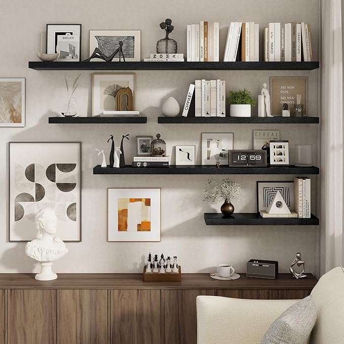 Fun Memories 40 Inch Floating Shelves Set of 2, 8 Inch Deep Wall Shelf, Rustic Wood Storage Shelves for Bedroom, Kitchen, Bathroom, Wall-Mounted Shelf with Invisible Brackets for Books|Storage Black