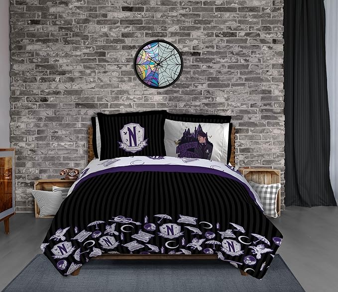 Jay Franco Wednesday Addams Full Comforter Set - 7 Piece Bedding Includes Sheet Set & Pillow Covers - Black and Grey Stripes Super Soft Kids Bedding