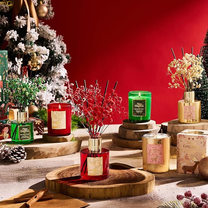 Airkeep Christmas Reed Diffuser Set,3.38 fl oz (100 ml) Reed Diffuser - Balsam&Cedar Oil Diffusers with 8 Reed Sticks, Home Fragrance Reed Diffuser for Bathroom Shelf Decor