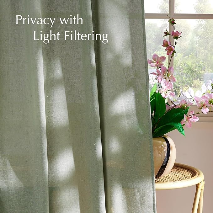 NICETOWN Thick Linen Greyish Green Curtains 84 inches Long for Bedroom, Grommet Linen Blend Semi Sheer Privacy Added Flax Light Filtering Window Treatments for Farmhouse, W55 x L84