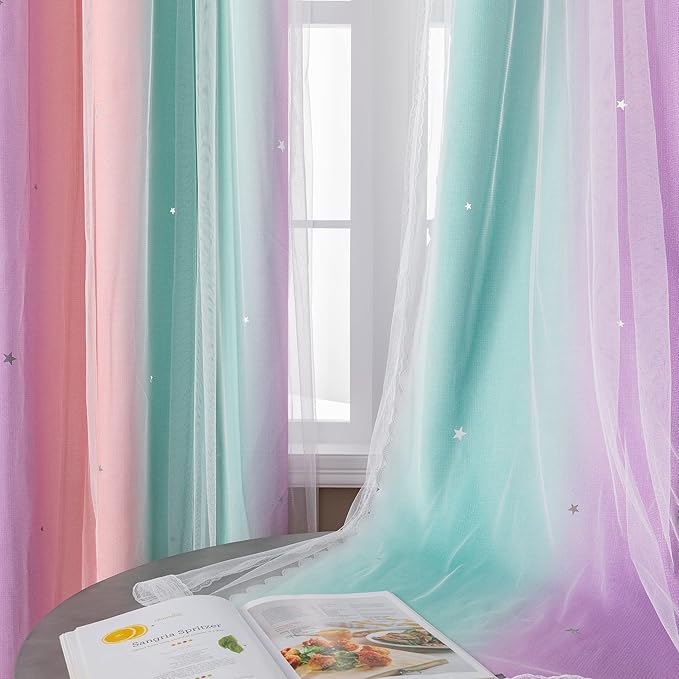XiDi Unicorn Room Decor for Girls Bedroom, Purple Green Curtains for Kids Rooms, Window Drapes 42 Inchs Long 34 inches Wide 1 Panel