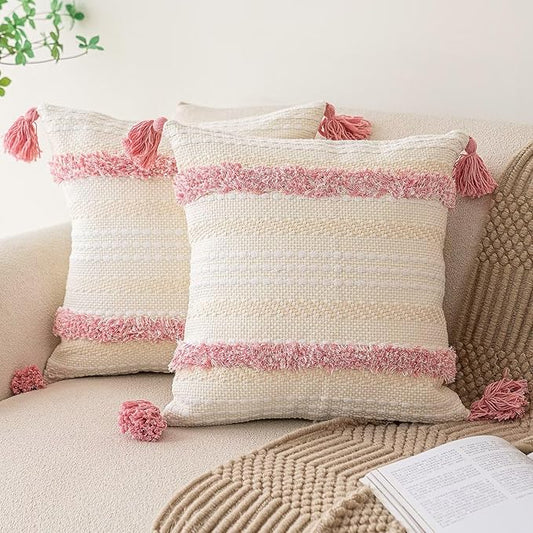 Boho Throw Pillow Covers 20x20 Set of 2 Woven Tufted Farmhouse Pillows Cover with Tassels Textured Striped Cushion Case Neutral Pillow Cases Decorative Pillowcase for Sofa, Couch, Bed, Pink