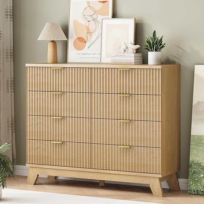 Fluted Dresser for Bedroom with 8 Drawers, 48" Wide Modern Chest of Drawers with Metal Handle, Wooden Dresser TV Stand, Wood Closet Clothes Storage Organizer for Living Room, Hallway, Natural Oak