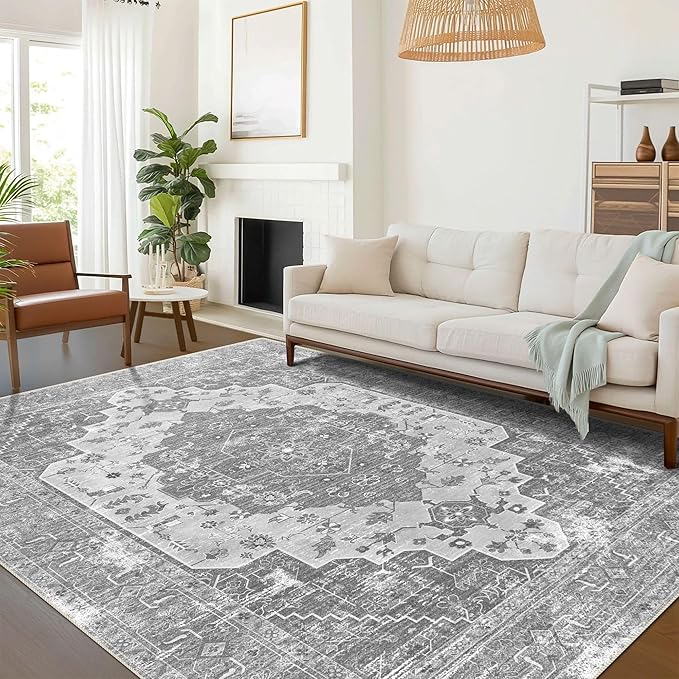 vivorug 4x6 Area Rugs, Stain Resistant Washable Rug for Living Room, Vintage-Inspired Grey Floral Rug