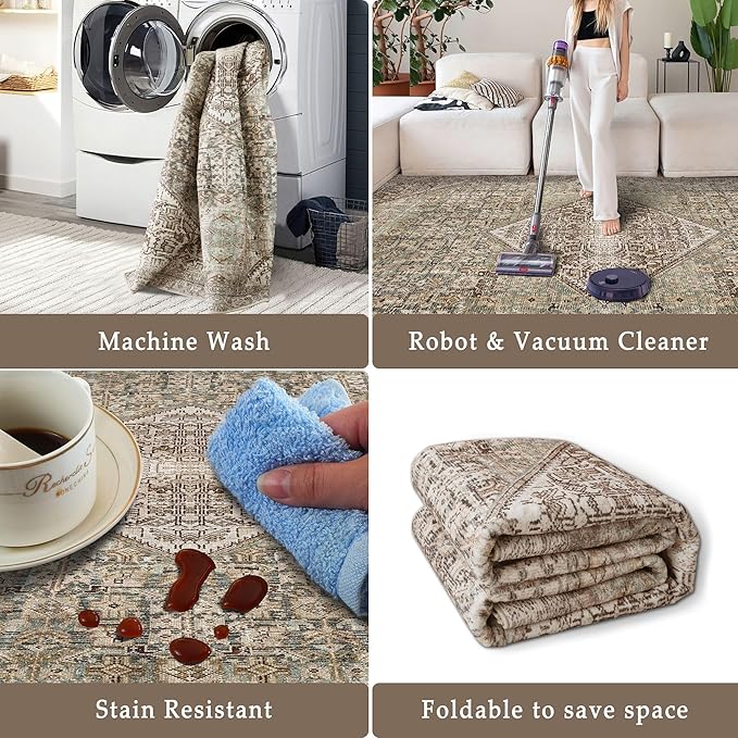 vivorug 5x7 Area Rugs - Ultra-Thin Washable Rug with Non-Slip Backing, Ideal for Living Room, Bedroom, Kitchen Floor Carpet - Vintage, Easy Clean, Durable, Turquoise/Antique