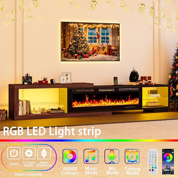 82-116" Electric Fireplace Extendable TV Stand, Modern Entertainment Center with LED Lights and Power Outlet for Up to 120 Inch TV for Living Room Bedroom, Black & Walnut