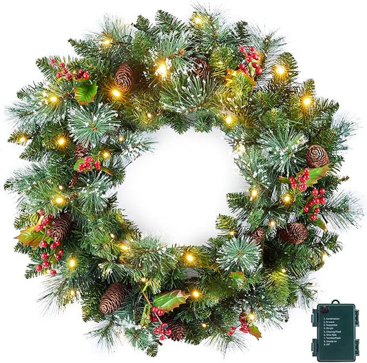 24 Inch Prelit Christmas Wreath for Front Door, Battery Operated LED Light Christmas Wreath with Pine Cones, Red Berry Clusters, Branches and Leaves, Lighted Wreath Wall Windows Decoration
