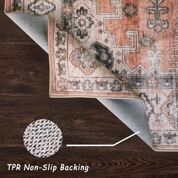 vivorug 4x6 Rug, Small Area Rug for Living Room, Bedroom, Kitchen, Machine Washable Non-Slip Throw Rug, Vintage Distressed Carpet for Entryway Nursery Dinner Room, Orange