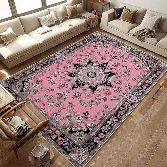 Area Rug 6x9 Entryway Oriental Boho Modern Pink Vintage Rugs Machine Washable Soft Rug Carpet Non Slip Low Pile Area Rug for Entrance Living Room Bedroom Dining Room Office Indoor
