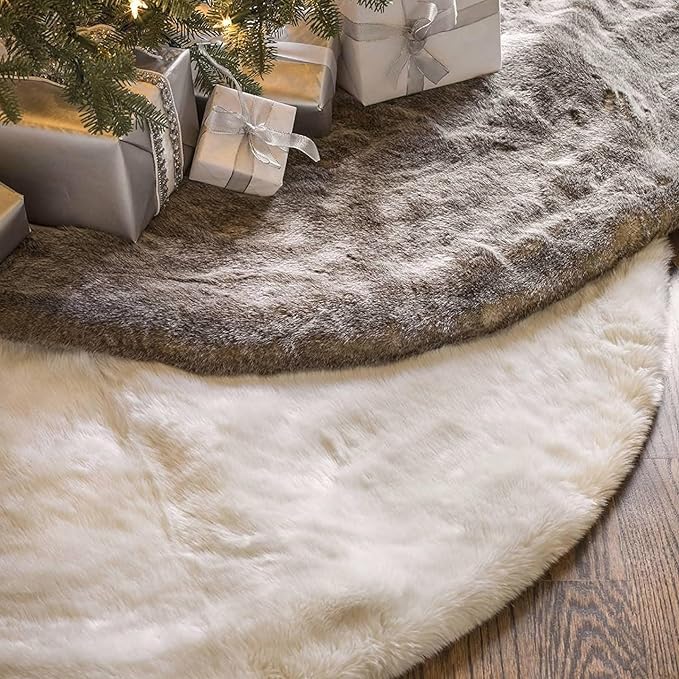 Balsam Hill Lodge Faux Fur Christmas Tree Skirt - Premium Rustic and Luxurious Fur Accents in Brown and Ivory for Tree Decor, Brown, 72"