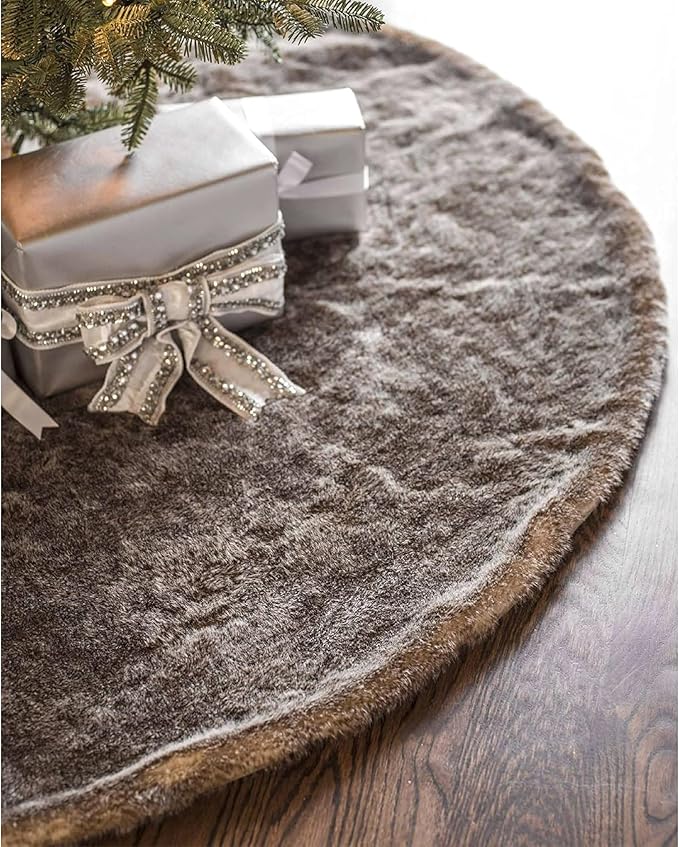 Balsam Hill Lodge Faux Fur Christmas Tree Skirt - Premium Rustic and Luxurious Fur Accents in Brown and Ivory for Tree Decor, Brown, 72"