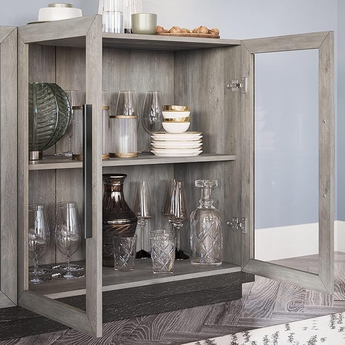 BELLEZE Sideboard Buffet Cabinet, Modern Wood Glass-Buffet-Sideboard with Storage, Console Table for Kitchen, Dining Room, Living Room, Hallway, or Entrance - Brixston (Grey)