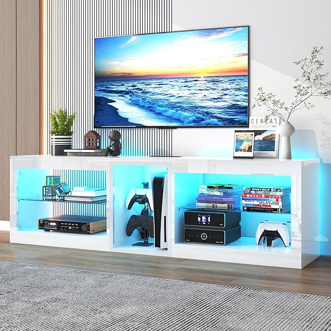 Vinctik 6&Fox LED TV Stands w/Power Outlet,60,00-Colors Lighting for 65 70in TV, 63" Modern High Gloss Entertainment Center,TV Console W/Adjustable Glass Shelves for Living Room Game Bedroom (White)
