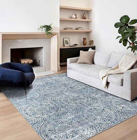 vivorug 6x9 Area Rugs, Ultra-Soft Washable Rug for Living Room Dinner Room Bedroom, Non-Slip Vintage Rug, Indoor Carpet Large Area Rug, Blue