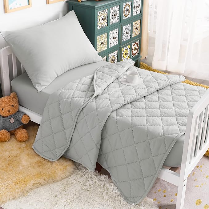 NTBAY Toddler Bedding Set - 4 Piece Soft and Breathable Crib Bedding Set for Boys and Girls, Includes Quilted Comforter, Fitted Sheet, Flat Top Sheet and Envelope Pillowcase, Light Grey