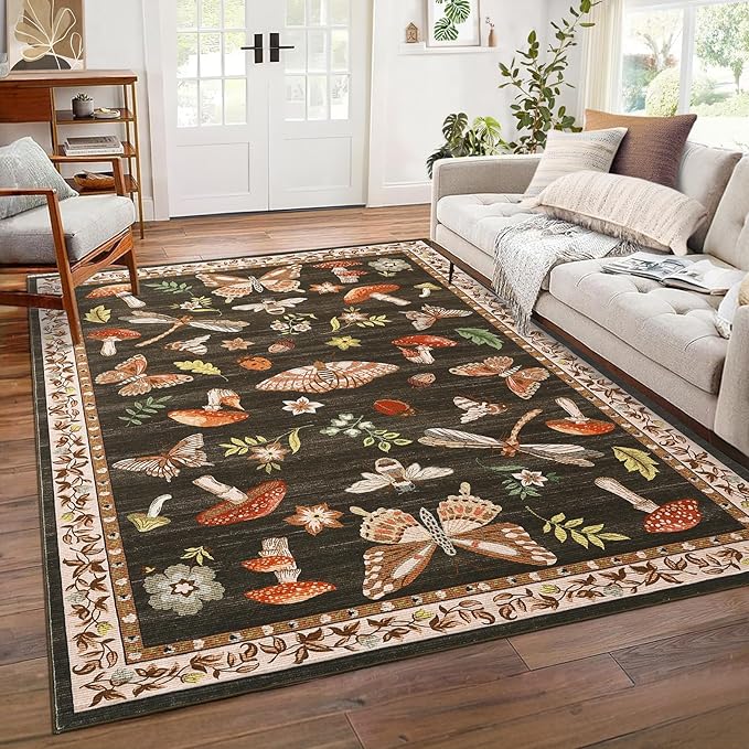 Mushroom 3x5 Area Rug Washable Non-Slip Small Indoor Rugs for Entryway with Rubber Back Soft Low-Pile Stain Resistant Foldable Carpet for Kitchen Bedroom Living Room Mat Brown