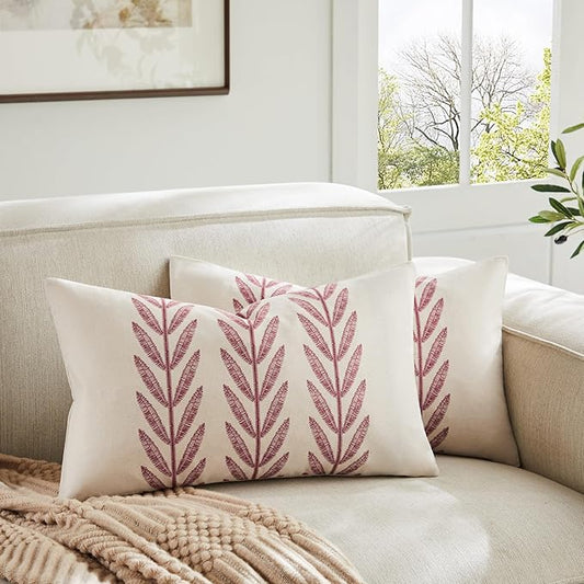 100% Cotton Farmhouse Leaves Lumbar Throw Pillow Covers Set of 2, 12x20 Inch Burgundy Pastoral Decorative Print Cushion Covers for Sofa Bed Living Room Home Decor