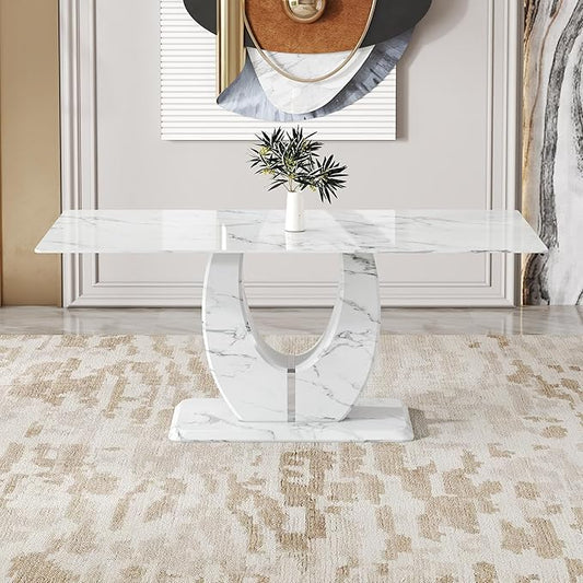 JUFU 71 Inch Modern Dining Table for 6, Faux Marble Rectangular Kitchen & Dining Room Table, Easy Assembly, Pedestal Base with Durable Frame, Black Marble-Look Top