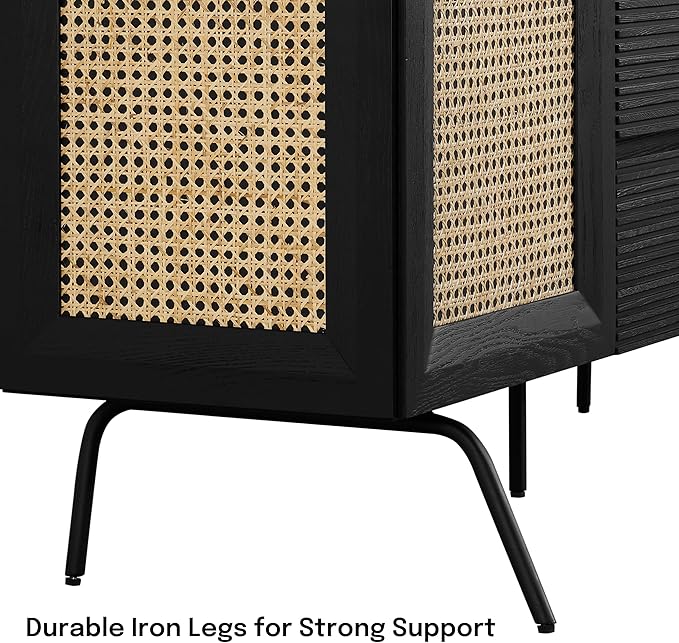 NTC MOSSIC Sideboard with 2 Doors and 3 Drawers, Buffet Cabinet with Natural Rattan and Metal Legs, Modern Storage Cabinet for Living Room, and Hallway, Effortless Assembly - Burnt Black