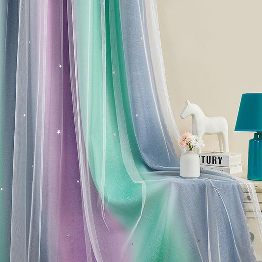 XiDi Curtains for Bedroom Decor, Rainbow Purplgreen grey34/90